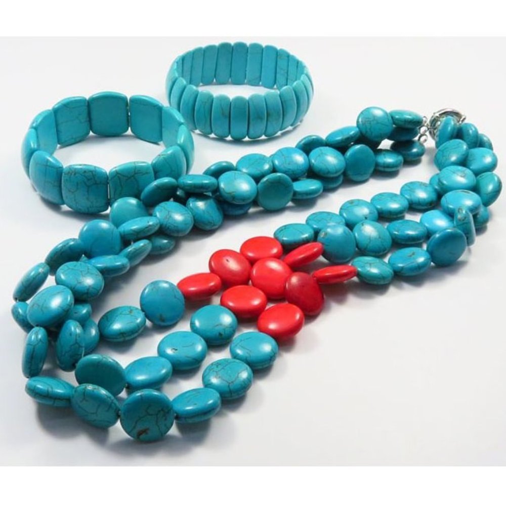 Dyed Howlite Disc Necklace & 2 Stretch Bracelets
